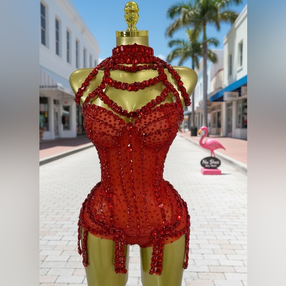 Festival Season Vibrant Red Rhinestone Embellished Halter Corset-Style Bodysuit